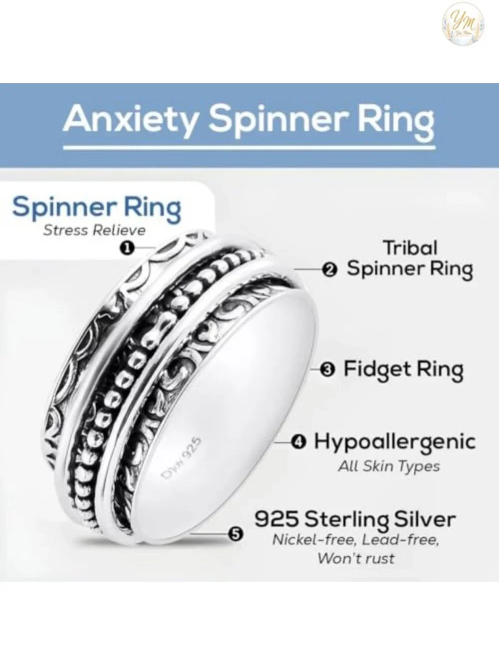 925 Sterling Silver Spinner Fidget Ring, Boho Design, Stacking Ring for Women
